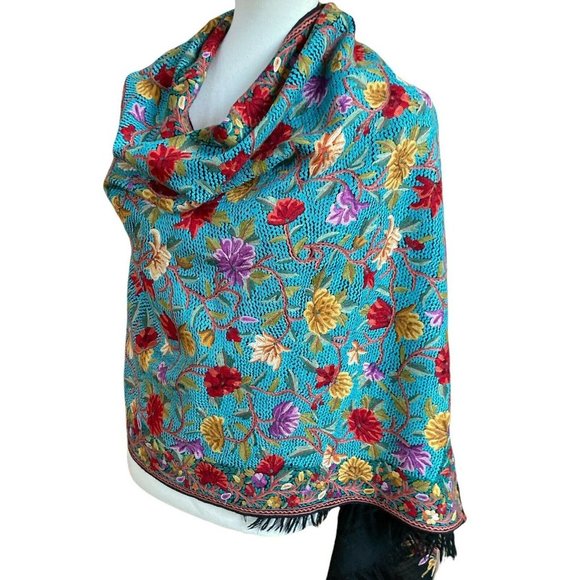 Kashmir Shawl Hand Embroidered Cashmere Hook Work Turquoise Indian Stole - Picture 4 of 12